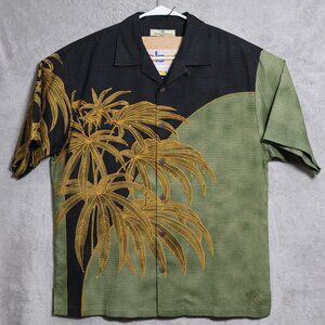 Tommy Bahama Shirt Mens Medium Black Green Palm Tree Silk Blend Hawaiian Camp
